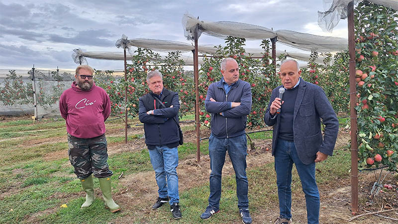 Da destra a sinistra Mirco Zanotti, presidente di Apofruit Italia, Paolo Zoli, Agricoltore, Ernesto Fornari, direttore generale di Apofruit Italia e Cristian Beltrandi di FieldRobotic